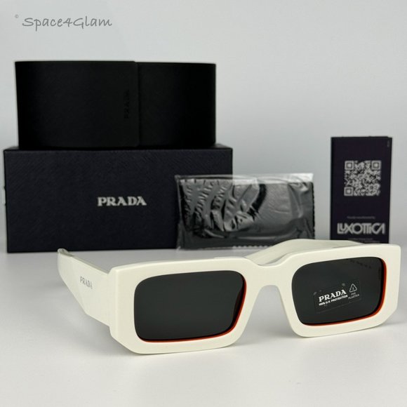 NEW Prada PR06YS 17M5S0 Talc Orange Dark Grey Rectangle Unisex Sunglasses - Picture 3 of 11